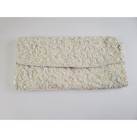Vtg Handmade Emson Sequin and Beaded Ivory Clutch Made in Hong Kong 9x5 - Picture 15 of 16